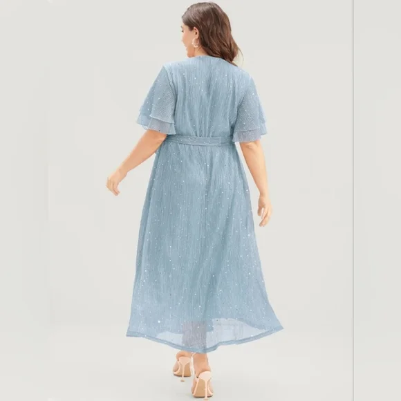 Chiffon, Sparkly Dress, W/ Ruffle Sleeves, Belt, & Pockets, Blue, Size 14-16 1X - Picture 4 of 8